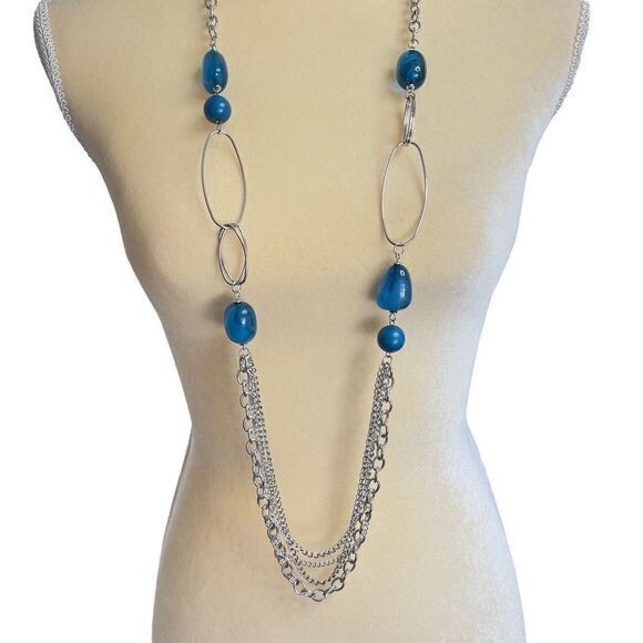 Statement Silver Tone chain Bead Blue Necklace 45 in + 2.5 in Ext. - Picture 4 of 10